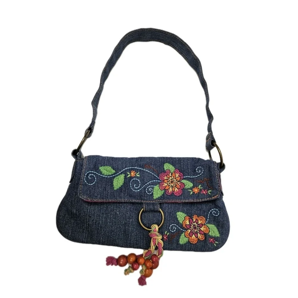 Vintage Y2K Denim Embroidered Bag Purse Zoey 101 Nickleodeon Wood Beads 90s 2000